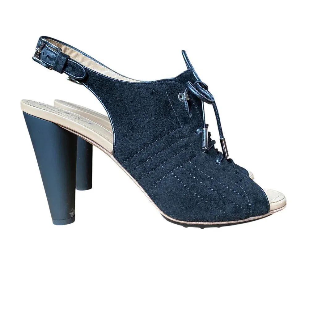 Tod’s Lace Up Peep Toe Slingback Lug Sole Heels Quilted Suede Leather - Size 40